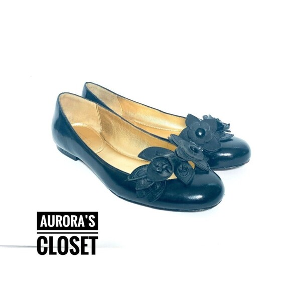 Coach 6.5 Black Patent Leather Flats Floral Toe Chrisann - Picture 1 of 6